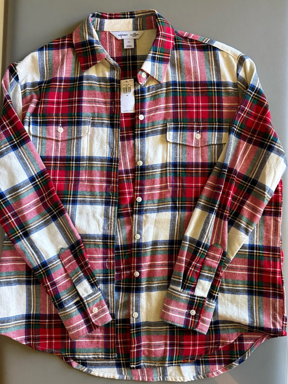 NWT Old Navy Boyfriend Button-Down Flannel Shirt Red & Cream Plaid XS